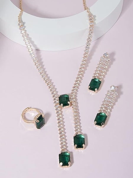 Green Dazzling Contemporary Necklace Earring & Ring Set For Women VitansEthnics