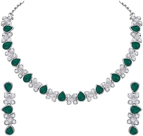 Silver Plated AD Studded Necklace With Earrings Jewelry Set For Women VitansEthnics