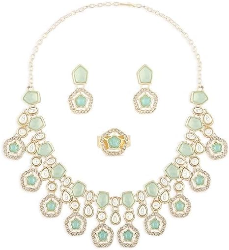 Women Mint Green Kundan Austrian Diamonds & Artificial Stones Indian Necklace Earring & Ring Set VitansEthnics