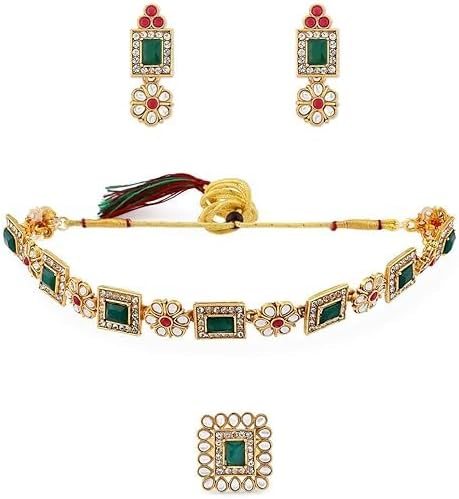 Green & Pink Stones Ethnic Choker Necklace Earring & Ring Set For Women VitansEthnics