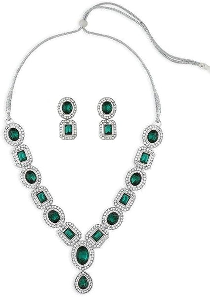 Green Stones & Austrian Diamonds Necklace & Earring Set For Women VitansEthnics