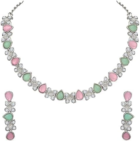 Silver Plated AD Studded Necklace With Earrings Jewelry Set For Women VitansEthnics