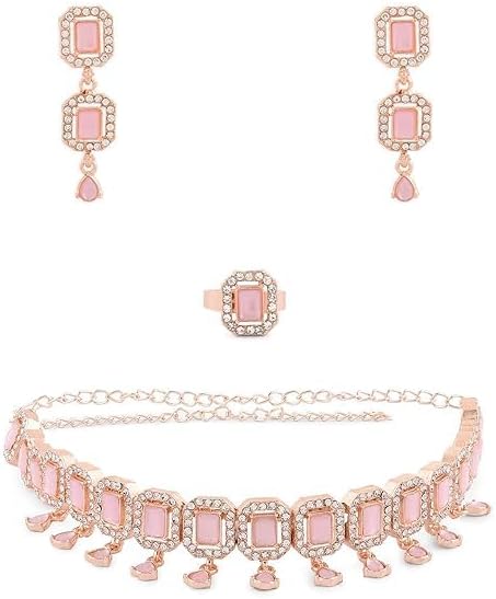 Pink Dazzling Stones Sleek Choker Necklace Earring & Ring Set For Women VitansEthnics
