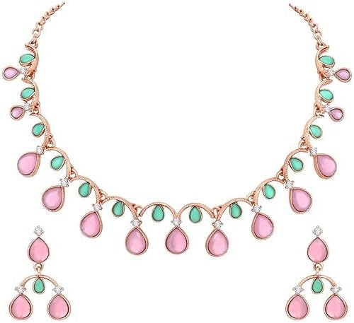 Rose Gold And Silver Plated Stone Necklace with Earrings for Women Jewelry Set for Party, Wedding Guest Statement Jewelry Set Statement Dainty Necklace Set VitansEthnics