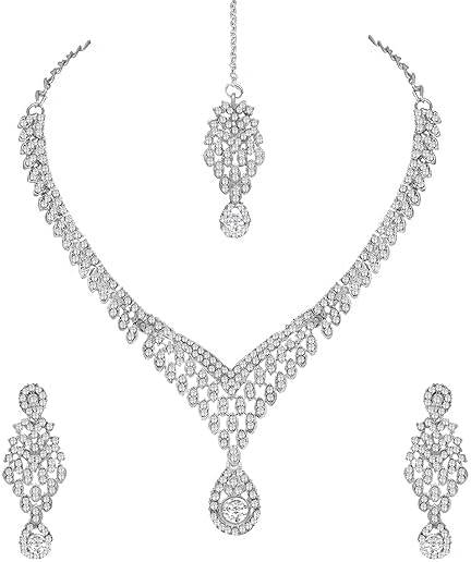 Bridal Crystal Jewelry Set for Women Necklace Earrings Maangtikka Set Wedding Silver Plated VitansEthnics