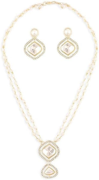 Women Gold Tone Double Layered Austrian Diamonds Beaded Necklace & Earring Set VitansEthnics