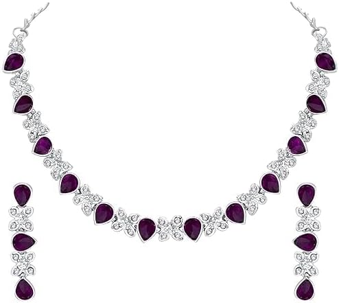 Silver Plated AD Studded Necklace With Earrings Jewelry Set For Women VitansEthnics