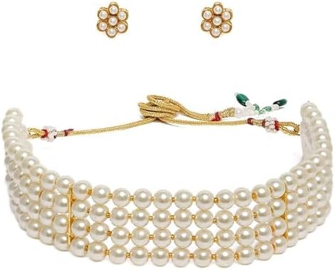 Gold Tone Ethnic Multistrand Pearl Choker Necklace & Earring Set For Women Indian Jewelry Set VitansEthnics