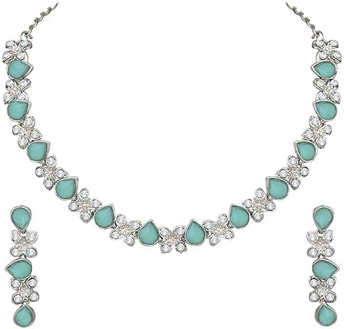 Silver Plated AD Studded Necklace With Earrings Jewelry Set For Women VitansEthnics