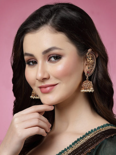 Gold-Plated Pearl & Stone-Studded Peacock Shaped Ear Cuff Earrings VitansEthnics
