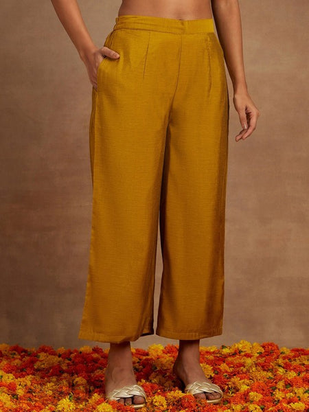 Mustard Yellow Woven Design Chanderi Silk Kurta with Palazzos & Dupatta