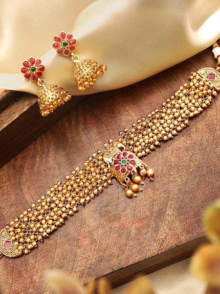 Women Gold-Toned & Plated 24K Handcrafted Ruby Ghungroo Temple Choker Set VitansEthnics