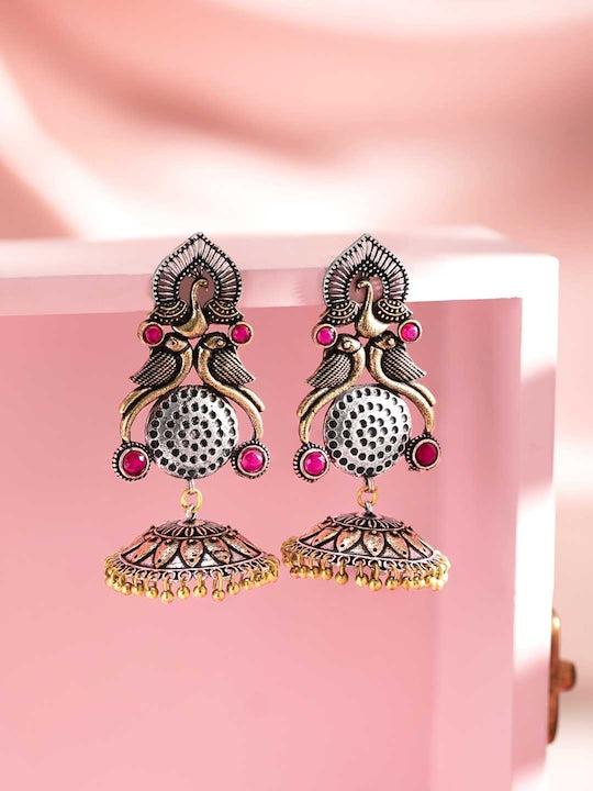 Silver-Plated & Gold-Toned Handcrafted Oxidised Peacock Shaped Jhumkas VitansEthnics