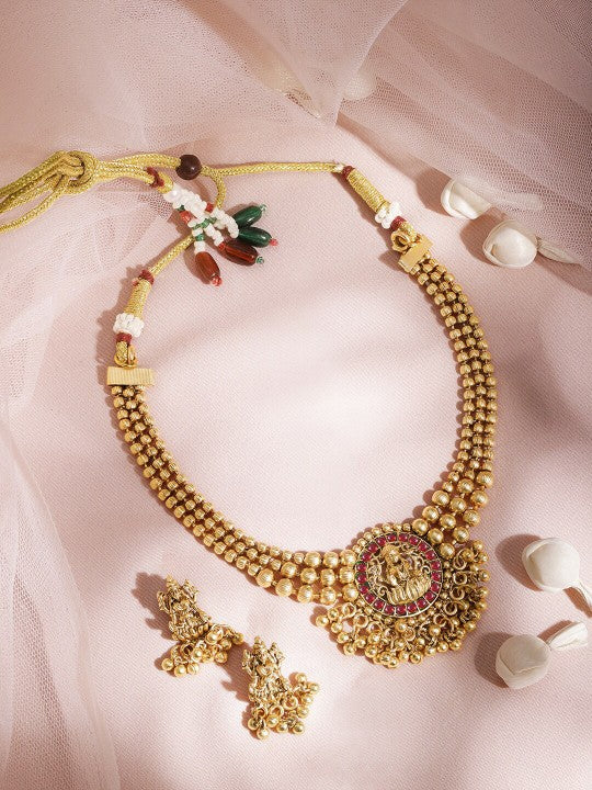 22KT Gold Plated Brass Green Stone Studded Lakshmi Motif Temple Necklace Set VitansEthnics