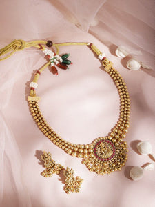 22KT Gold Plated Brass Green Stone Studded Lakshmi Motif Temple Necklace Set VitansEthnics