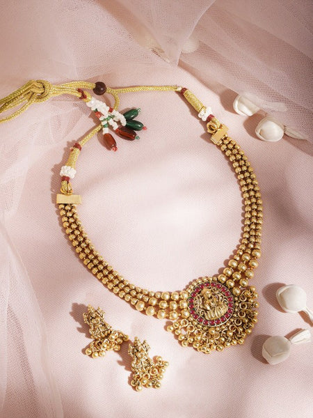 22KT Gold Plated Brass Green Stone Studded Lakshmi Motif Temple Necklace Set VitansEthnics