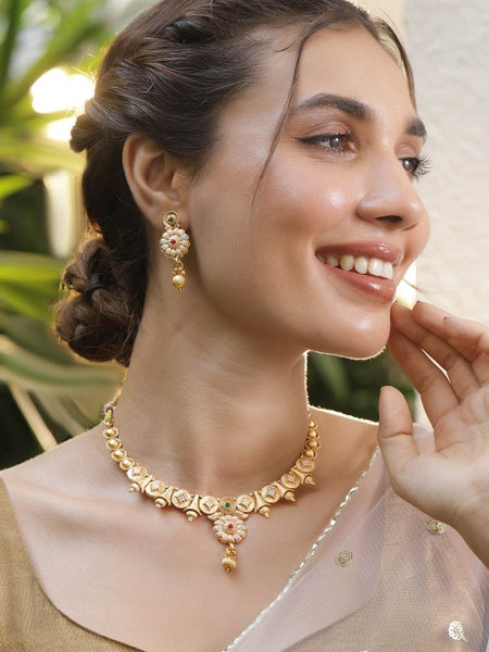 Luxury 22KT Gold Plated Brass Red and Green Stone Studded Floral Jewelry Set VitansEthnics