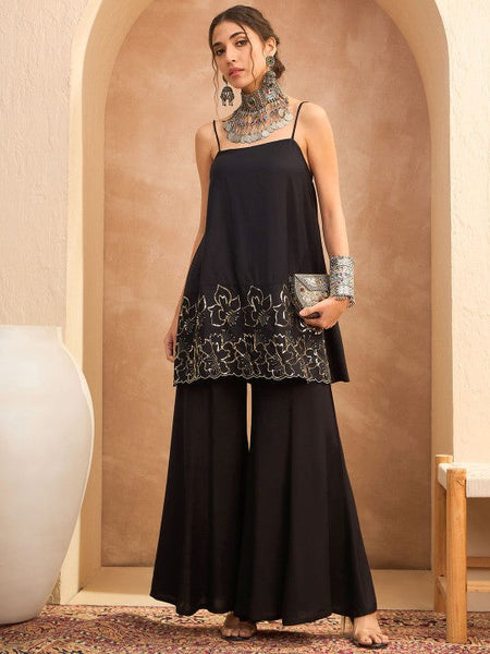 Floral Sequin Embroidered A-Line Kurti with Palazzo For Women, Co-Ords Set, Indo Western Outfit, Ethnic Indian Dress, Fusion Suit Set1 VitansEthnics