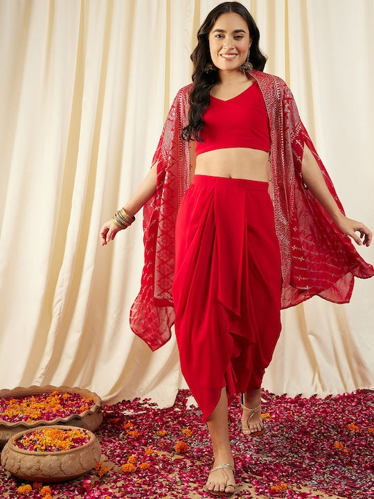 Women Crop Top With Draped Skirt And Shrug set VitansEthnics