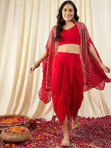 Women Crop Top With Draped Skirt And Shrug set VitansEthnics