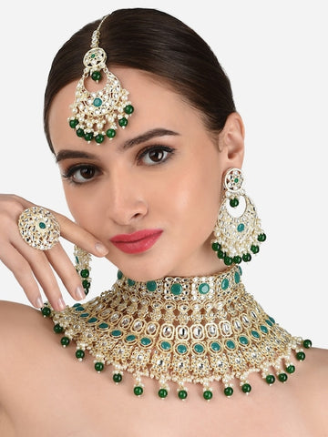 Green & White Gold-Plated Kundan-Studded & Pearl Beaded Bridal Jewellery Set VitansEthnics