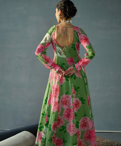 Women Floral Printed Sequinned Georgette Anarkali Gown VitansEthnics