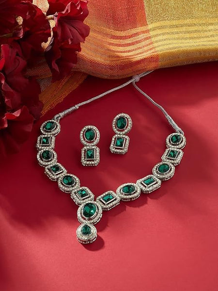 Green Stones & Austrian Diamonds Necklace & Earring Set For Women VitansEthnics