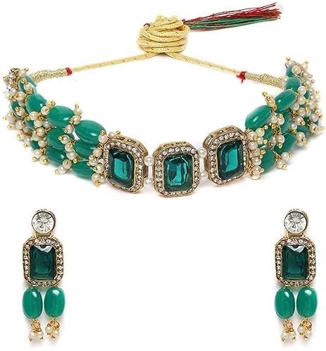 Women Green Stones & Beads Multistrand Indian Traditional Choker Necklace & Earring VitansEthnics