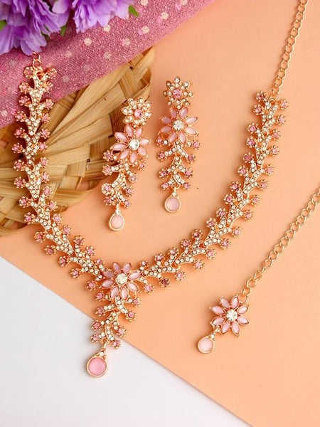 Flower Rose Gold Plated Crystal Studded Engagement Jewellery Set VitansEthnics