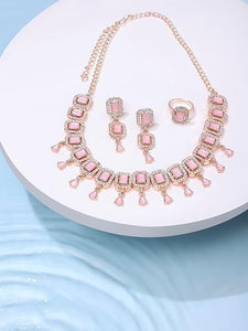 Pink Dazzling Stones Sleek Choker Necklace Earring & Ring Set For Women VitansEthnics