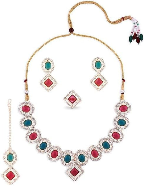 Austrian Diamond Choker Necklace Earring Maangtikka Ring Set For Women Jewelry For Festivals Weddings Engagement VitansEthnics