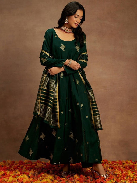 Green Woven Design Chanderi Silk Kurta with Palazzos & Dupatta