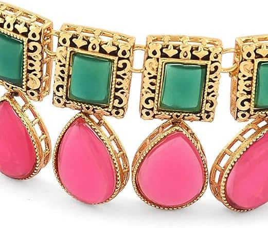 Pink & Green Stones Antique Teardrop Indian Necklace Earring & Ring Set For Women VitansEthnics