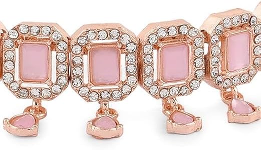 Pink Dazzling Stones Sleek Choker Necklace Earring & Ring Set For Women VitansEthnics