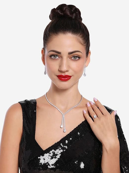 Women Silver Tone Cubic Zirconia Party Contemporary Necklace Earring & Ring Set VitansEthnics
