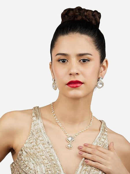 Women Gold Tone Double Layered Austrian Diamonds Beaded Necklace & Earring Set VitansEthnics