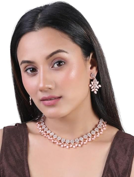 Women Rose Gold Plated White & Pink Crystal Studded Jewellery Set VitansEthnics