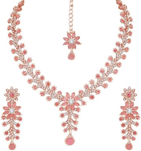 Flower Rose Gold Plated Crystal Studded Engagement Jewellery Set VitansEthnics