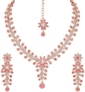 Flower Rose Gold Plated Crystal Studded Engagement Jewellery Set VitansEthnics