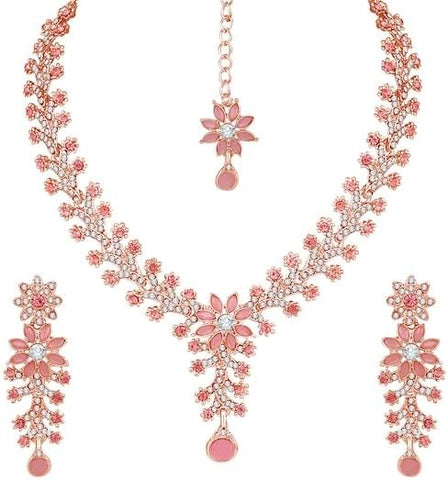 Flower Rose Gold Plated Crystal Studded Engagement Jewellery Set VitansEthnics