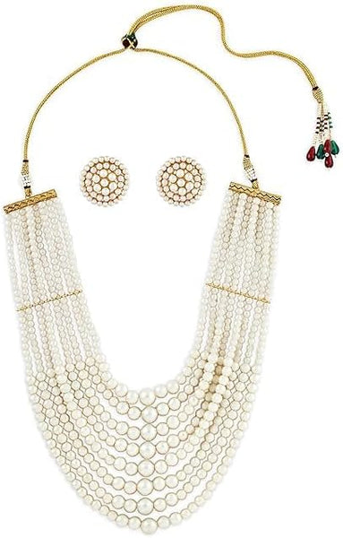 White Pearls Beaded Multistrand Statement Choker Necklace & Earring Set For Women VitansEthnics