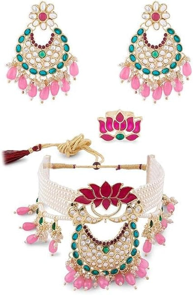 Women Green & Pink Meenakari Lotus Multistrand Pearls Choker Necklace Earring & Ring Set VitansEthnics