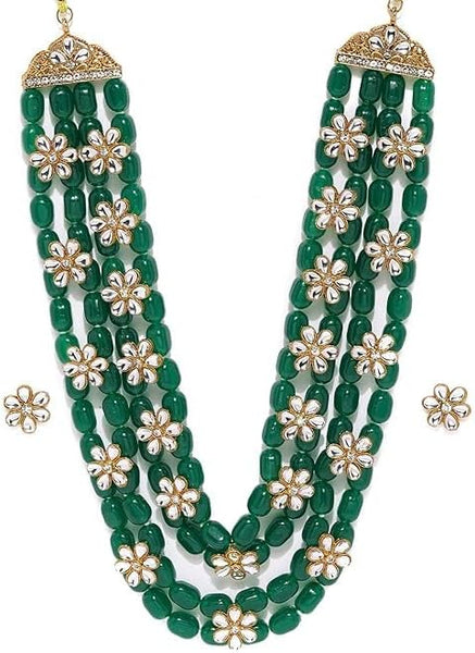 Green Beads & Floral Kundan Necklace Set For Women VitansEthnics
