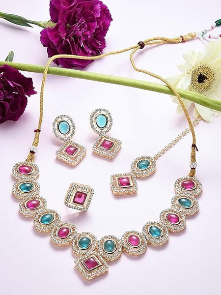Austrian Diamond Choker Necklace Earring Maangtikka Ring Set For Women Jewelry For Festivals Weddings Engagement VitansEthnics
