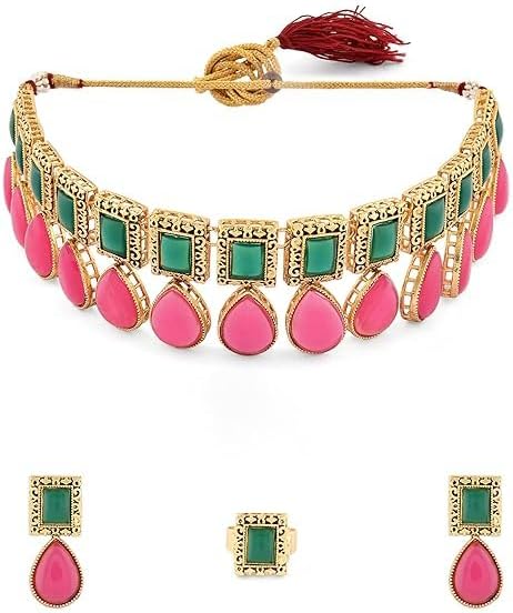 Pink & Green Stones Antique Teardrop Indian Necklace Earring & Ring Set For Women VitansEthnics