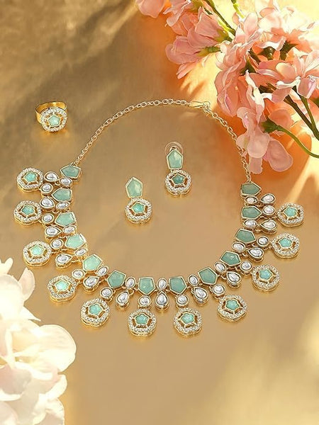 Women Mint Green Kundan Austrian Diamonds & Artificial Stones Indian Necklace Earring & Ring Set VitansEthnics