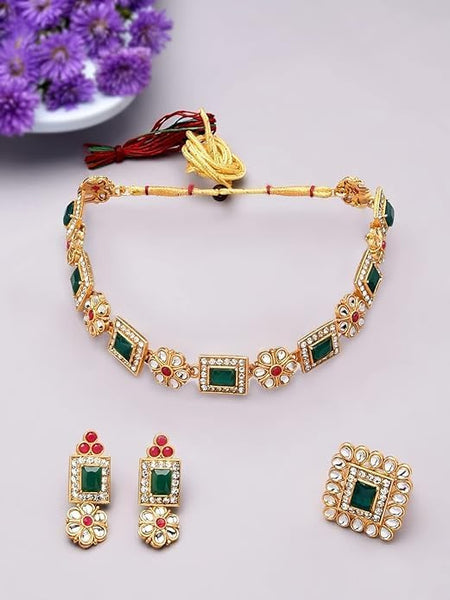 Green & Pink Stones Ethnic Choker Necklace Earring & Ring Set For Women VitansEthnics