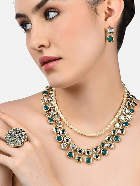 Green Kundan Multi Layers Necklace Earring & Ring Set For Women VitansEthnics