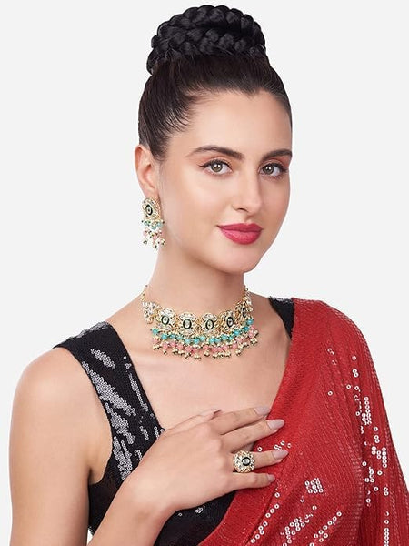 Pink & Green Beads Cluster Drops Kundan Choker Necklace Earrings & Ring Set For Women VitansEthnics