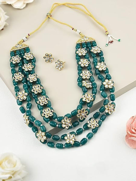 Green Beads & Floral Kundan Necklace Set For Women VitansEthnics